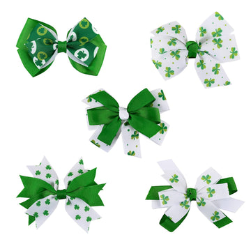 5Pcs St Patricks Day Hair Bow Clips, Irish Green Shamrock Hair Bow Hair Barrette, Handmade Grosgrain Ribbon Bows St Patricks Hai