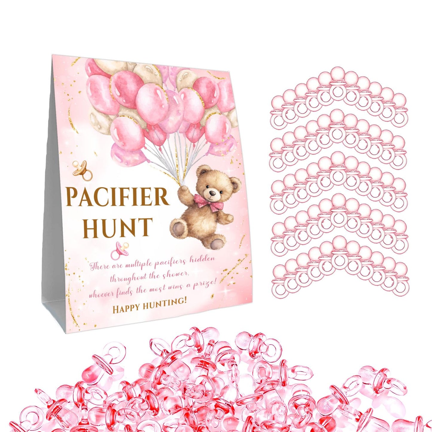Guawubiang Winnie Pacifier Hunt Sign, Mini Pacifiers Baby Shower Game Set, Pacifier Hunt Baby Shower Game, 50Pcs Pink Mini Pacif