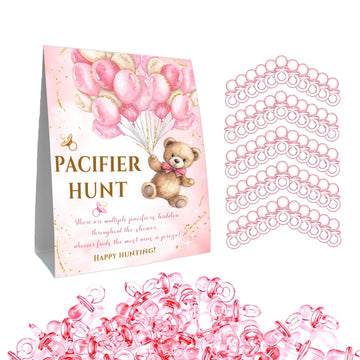Guawubiang Winnie Pacifier Hunt Sign, Mini Pacifiers Baby Shower Game Set, Pacifier Hunt Baby Shower Game, 50Pcs Pink Mini Pacif