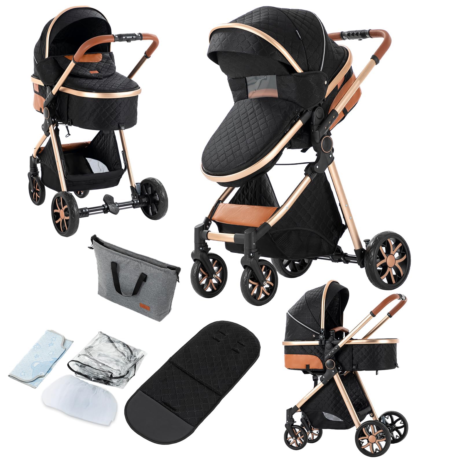 PU Leather 2 in 1 Baby Stroller, Convertible Pram, Reversible Standard Stroller, Portable Buggy, Infant Carriage, Foldable High 