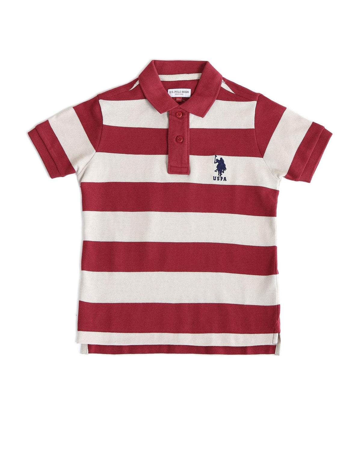 U.S. Polo Assn. Kids Kids Regular Fit Boys Cotton Striped Short Sleeves Polo TShirts (Uktshon0318_Red_12M)