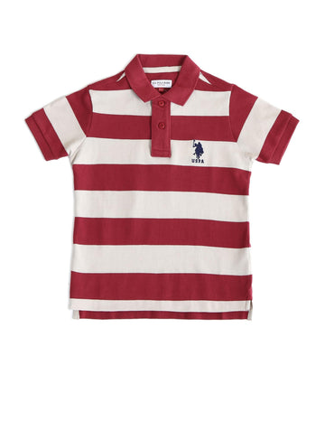 U.S. Polo Assn. Kids Kids Regular Fit Boys Cotton Striped Short Sleeves Polo TShirts (Uktshon0318_Red_12M)