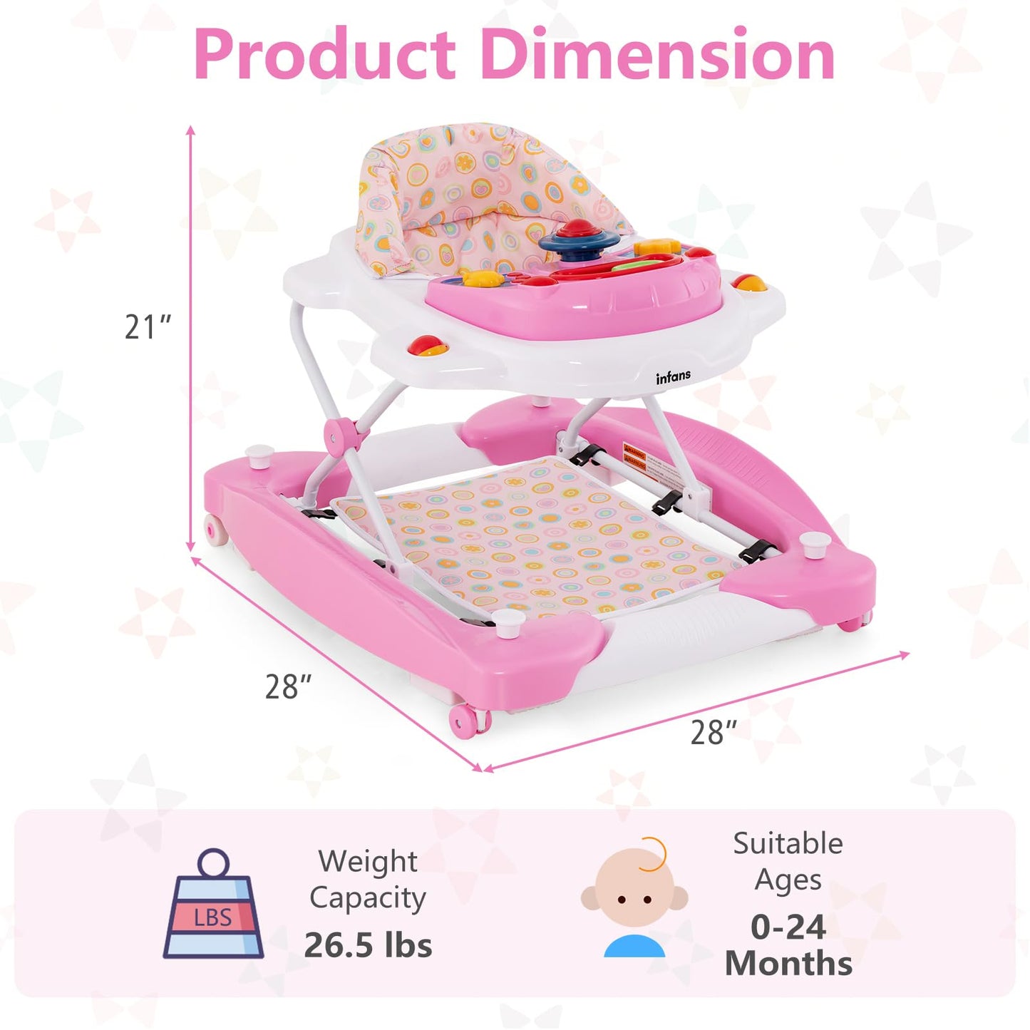 Infans Baby Walker, 5 In 1 Behind Walker Learning Seated Rocker Bouncer With Removable Music Tray, Adjustable Height, Washable S