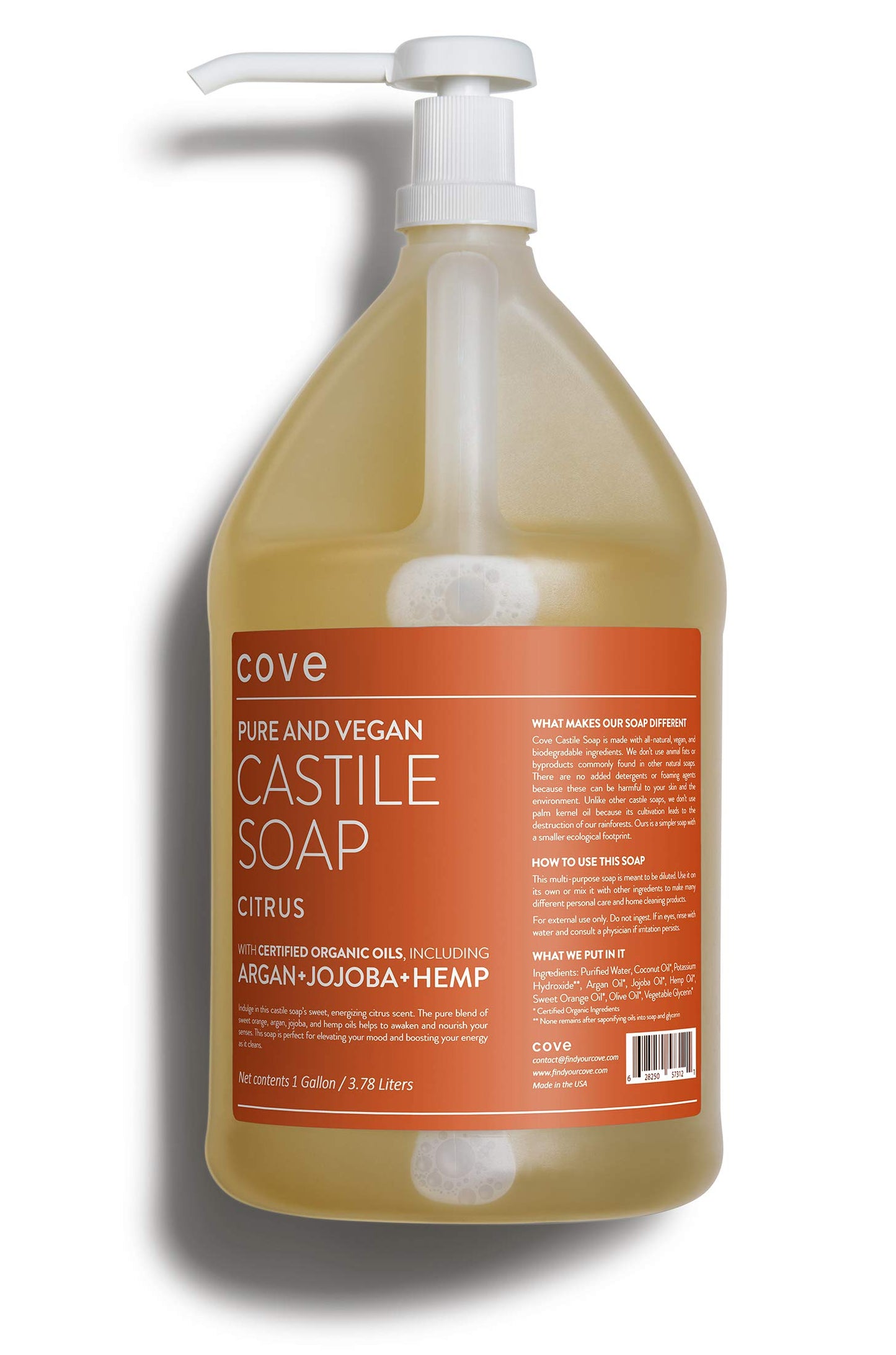 Cove Castile Soap Citrus - 1 Gallon With Pump - Organic Argan, Jojoba, & Hemp Oils