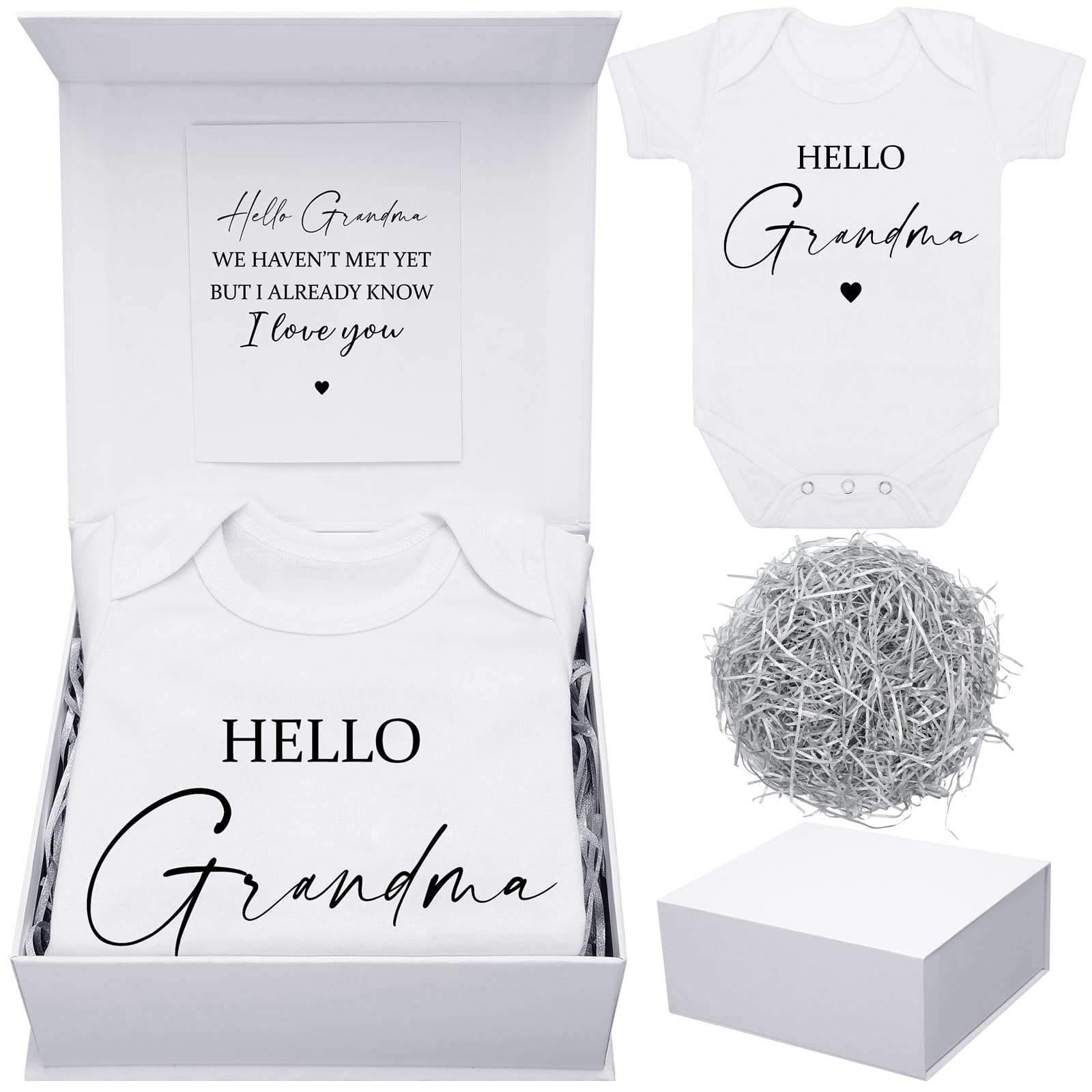Shyyween 4 Pcs Pregnancy Announcement for Grandma, Hello Grandma Baby Bodysuit, Hello Grandma Pregnancy Reveal Card Baby Reveal 