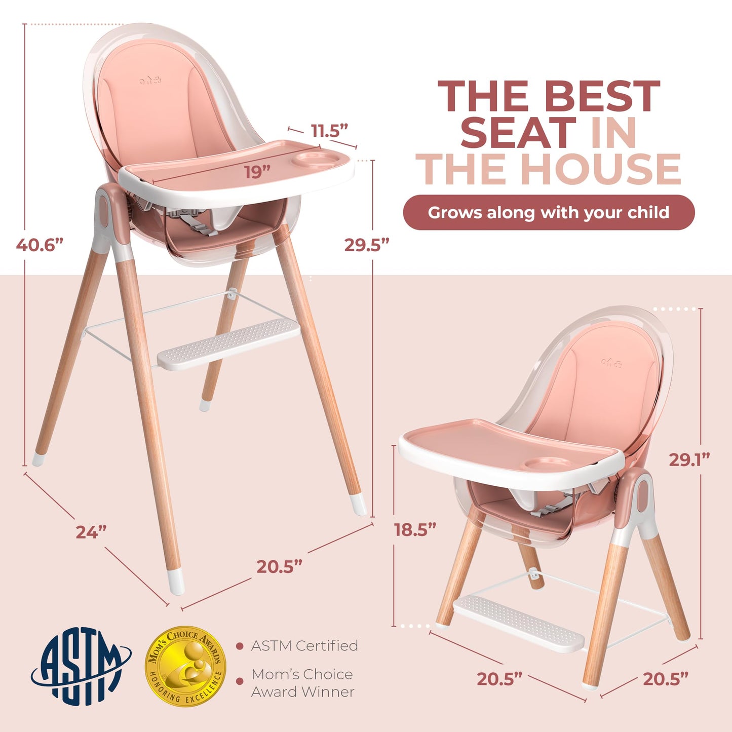 High Chair By Children Of Design Non-Reclinable 6 In 1 Baby Highchair For Babies And Toddlers, Modern Wooden, Easy To Clean, Rem