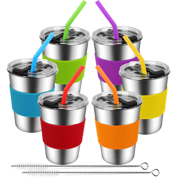 Ewsnmata Kids Cups With Straws Spill Proof, Stainless Steel Sippy Cups With Lids, 12Oz Toddlers Straws Tumbler, 6 Pack Unbreakab