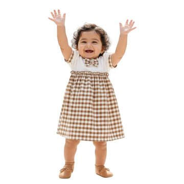 Koshmosh Cotton Baby Girl Dress With Cute Bow I Stylish Gingham Baby Frock I Soft MulmulLined Girl Outfit By KoshmoshBrown12