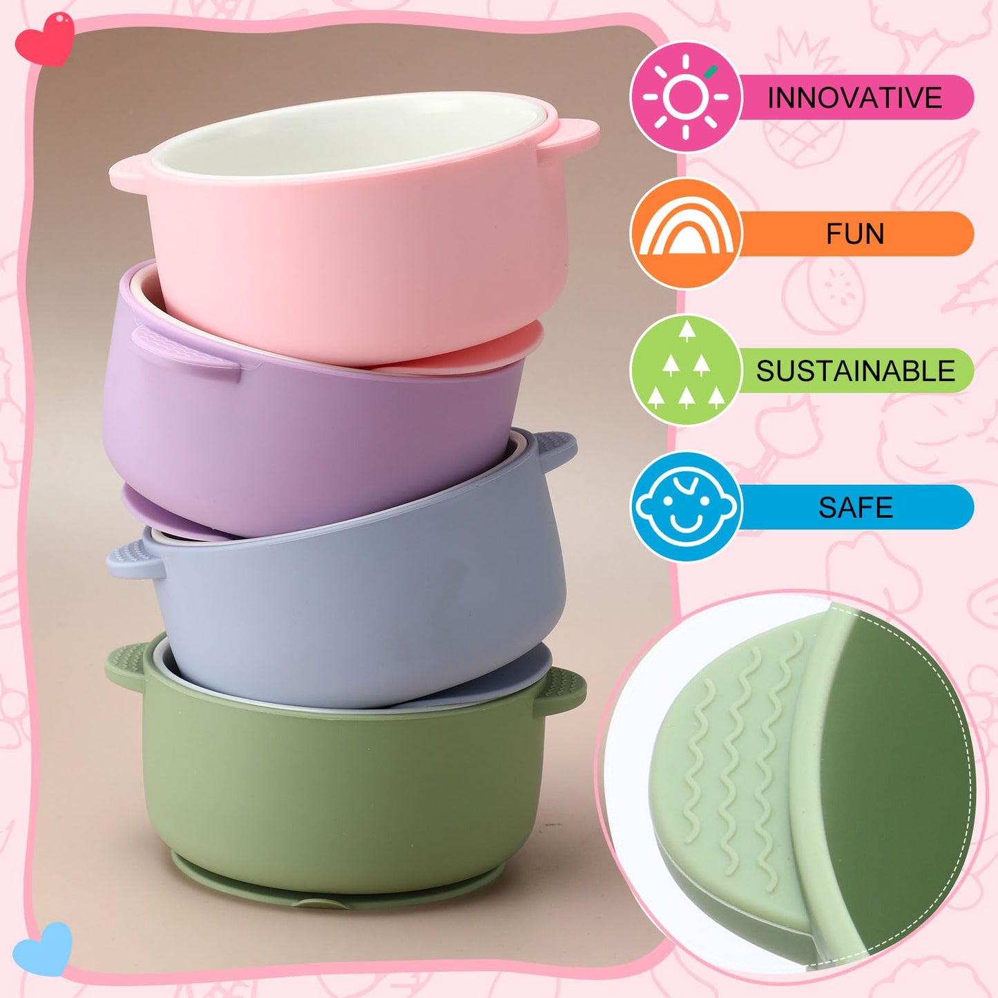 Domensi 2 Sets Kids Porcelain Bowls With Silicone Suction Sleeves Toddler Suction Bowls Baby Bowl Microwave Dishwasher Safe Cere