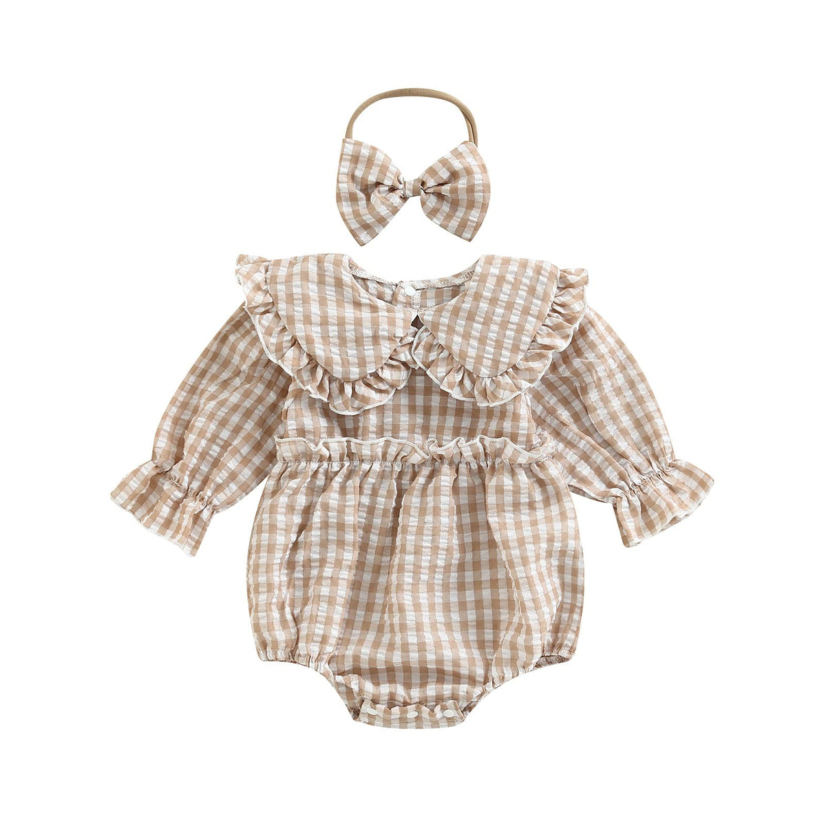 Karuedoo Newborn Baby Girl Clothes Gingham Plaid Bubble Romper Long Sleeve Ruffle Bodysuit With Headband Spring Fall Outfit, BK
