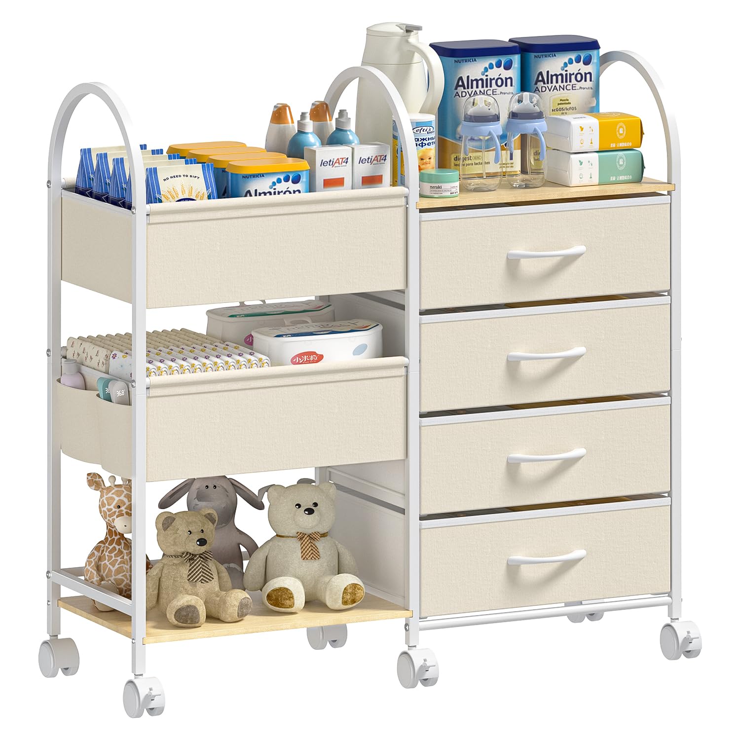 Nylaira Baby Organizer and Storage Cart, 4-Tier Rolling Utility Cart with Wheels, Dividers and Drawers, Easy to Assemble for Nur