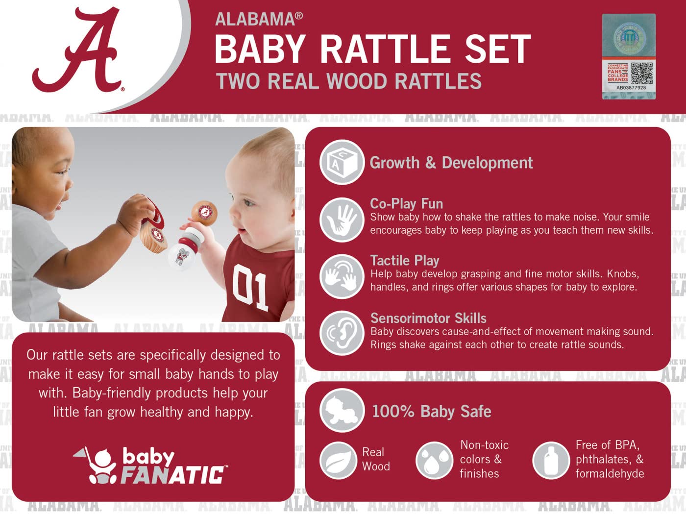 BabyFanatic Wood Rattle 2 Pack - NCAA Alabama Crimson Tide - Officially Licensed Baby Toy Set