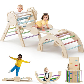 Cosyland Pikler Triangle Set - 8 In 1 Large Montessori Climbing Toys For Indoor - Wooden Foldable Jungle Gym For Toddler & Baby,