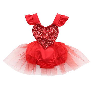 Newborn Baby Girls Valentine Romper Tutu Dress Fly Sleeve Heart Sequins Bodysuit Jumpsuit Summer Outfit 0-3Y (2-3Y, Red)
