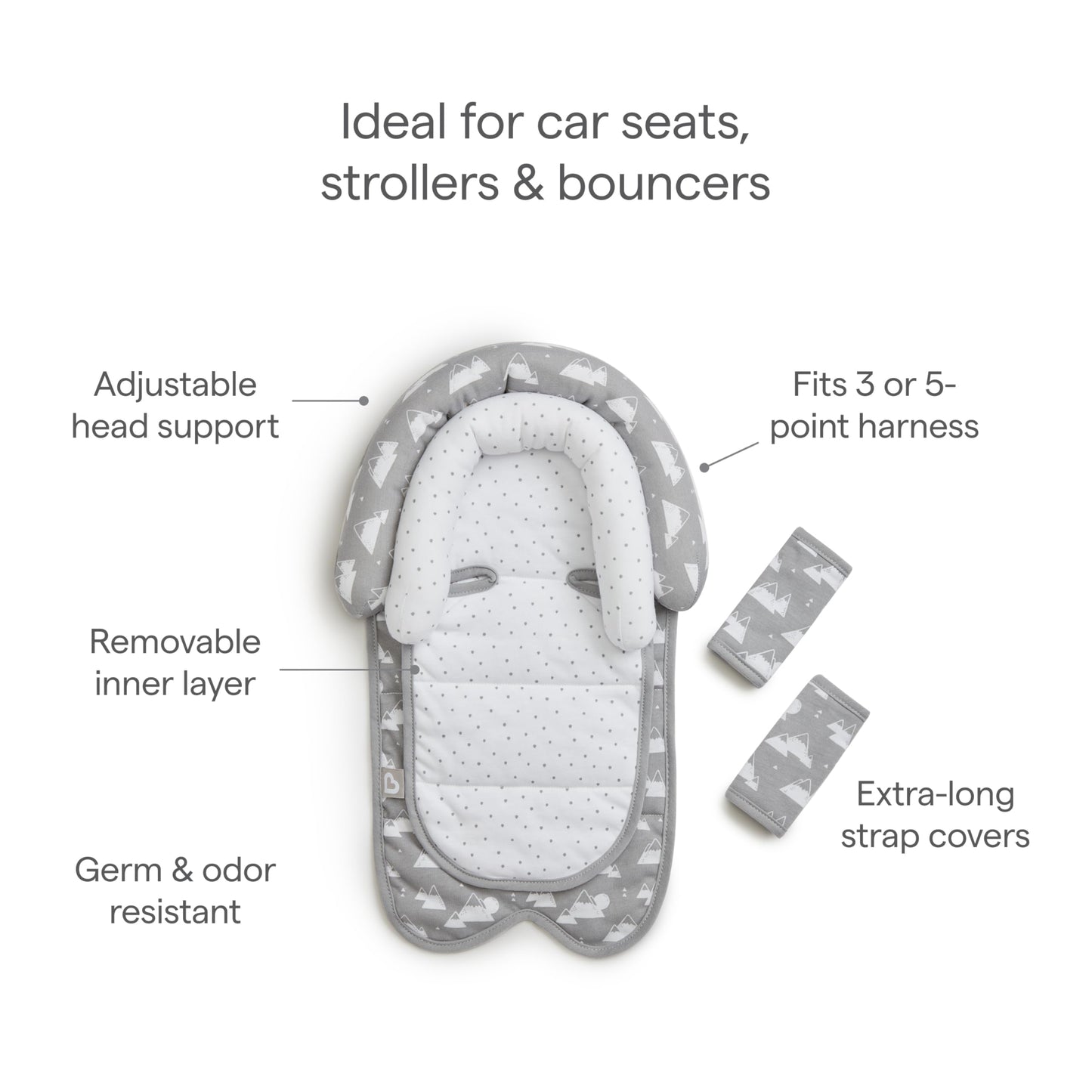Munchkin Brica Xtraguard Head Support & Strap Cover For Baby Car Seats With Silver-Ion Technology, Mountains