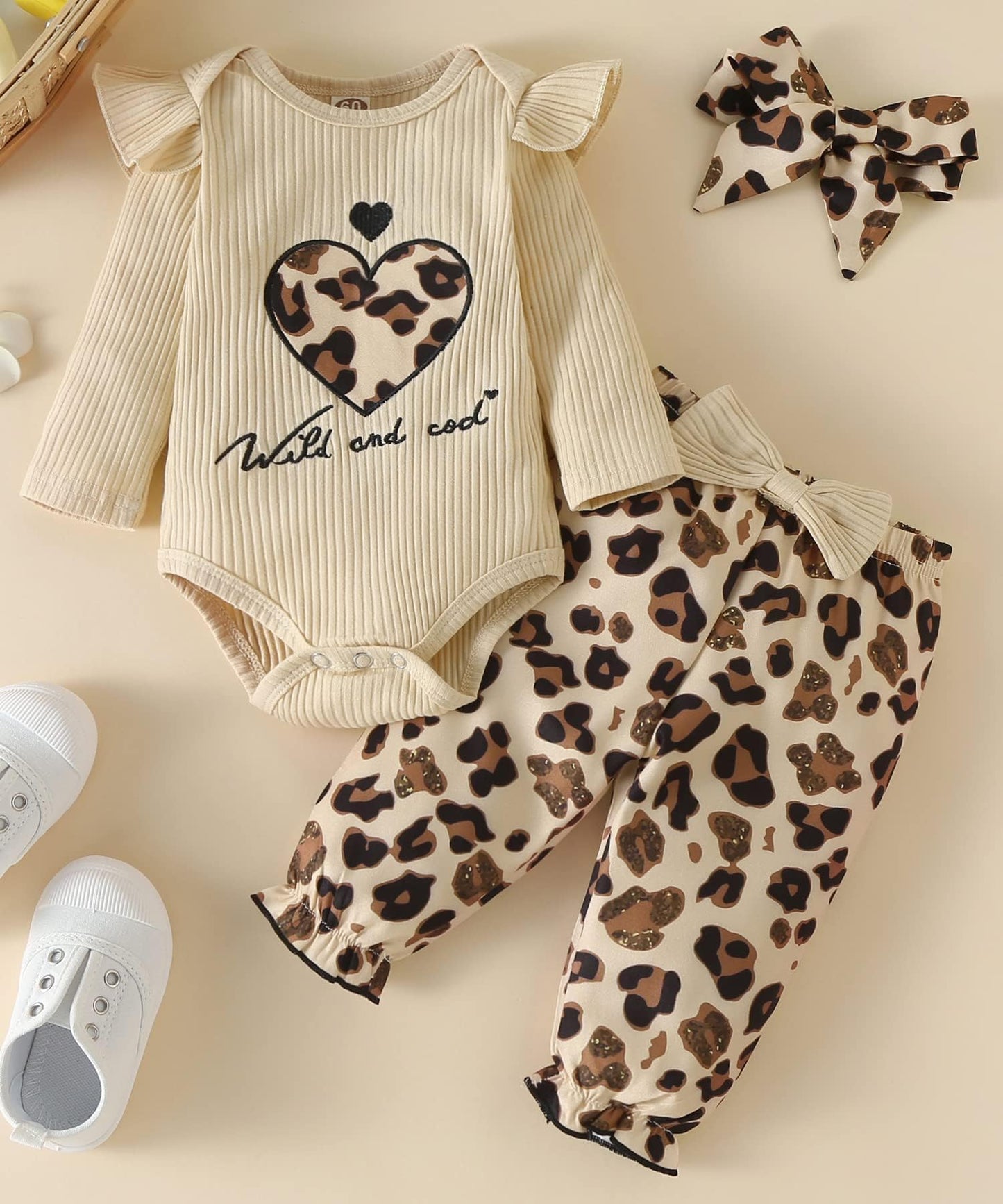 Newborn Infant Baby Girl Clothes Fall Winter Outfits Long Sleeve Clothing Onesie Pant Set Gifts 12-18 Months Ecru Leopard