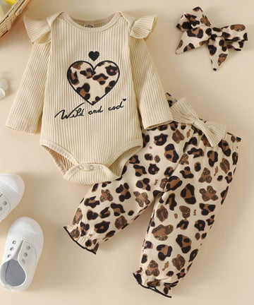 Newborn Infant Baby Girl Clothes Fall Winter Outfits Long Sleeve Clothing Onesie Pant Set Gifts 12-18 Months Ecru Leopard
