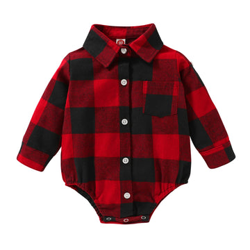 Happyma Newborn Baby Boy Girls Plaid Outfit Flannel Romper Tops Infant Long Sleeve Button Down Plaid Casual Bodysuit Clothes