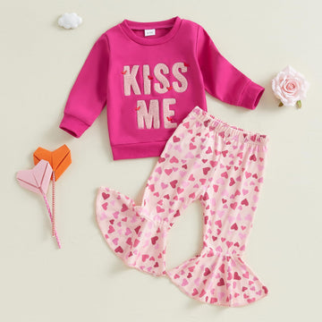 Iddolaka Toddler Baby Girls Valentines Day Outfits Long Sleeve Letter Sweatshirt Shirt Heart Flared Pants Spring Clothes (J-Viol