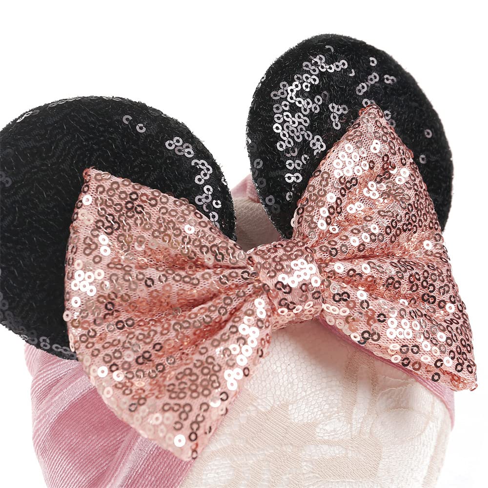 Jiahang Baby Girl Mouse Ears Turban Headwrap With Sequin Bows, Wide Velvet Hairband, Hair Bow Headband For Newborn Toddler, Kids
