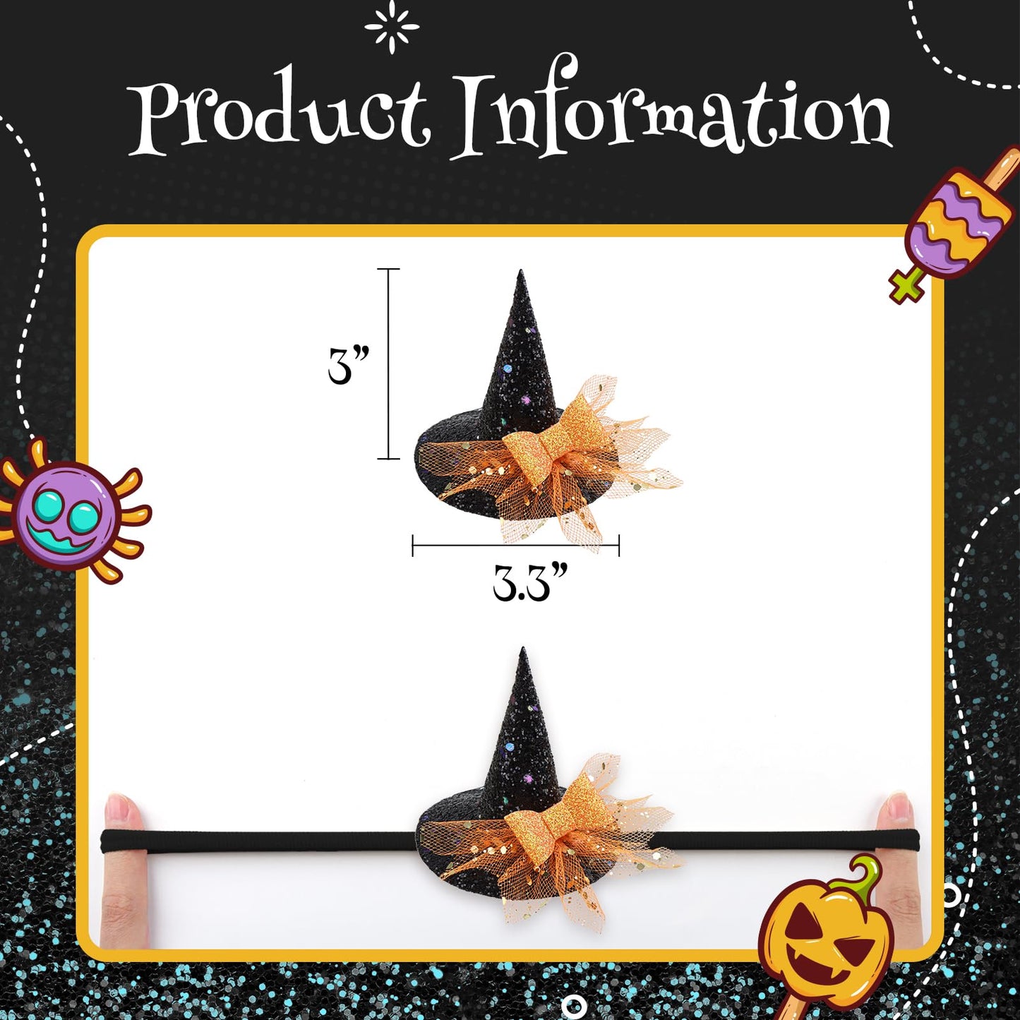 YanJie Halloween Headband for Infants Mini Witches Hat Glitter Nylon Headbands 3 Witch Hats with Orange Baby Bow Stretchy Head