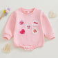 Kayotuas Baby Girl Valentines Outfit Pink Heart Embroidered Sweatshirt Romper Long Sleeve Bodysuit Jumpsuit Cute Fall Clothes (P