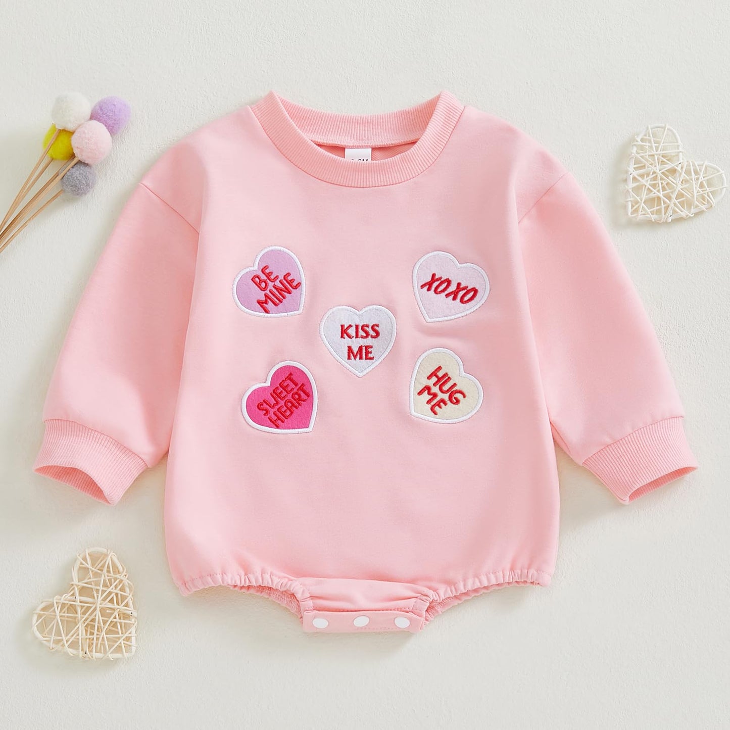 Kayotuas Baby Girl Valentines Outfit Pink Heart Embroidered Sweatshirt Romper Long Sleeve Bodysuit Jumpsuit Cute Fall Clothes (P