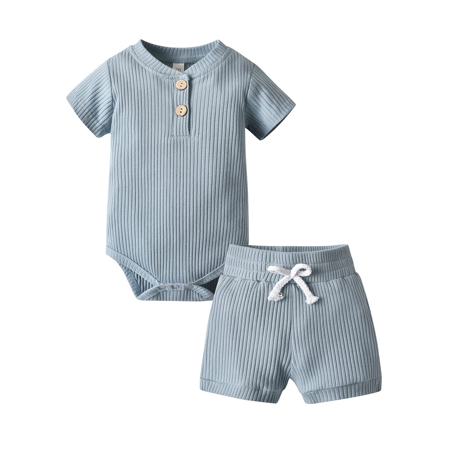 Derouetkia Summer Newborn Baby Boy Girl Clothes Solid Color Ribbed Romper And Shorts Outfits Set (Newborn) Blue