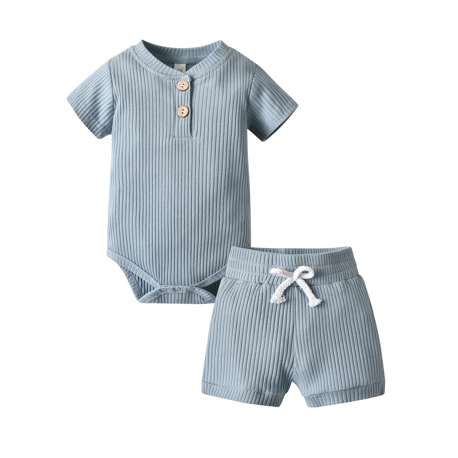 Derouetkia Summer Newborn Baby Boy Girl Clothes Solid Color Ribbed Romper And Shorts Outfits Set (Newborn) Blue