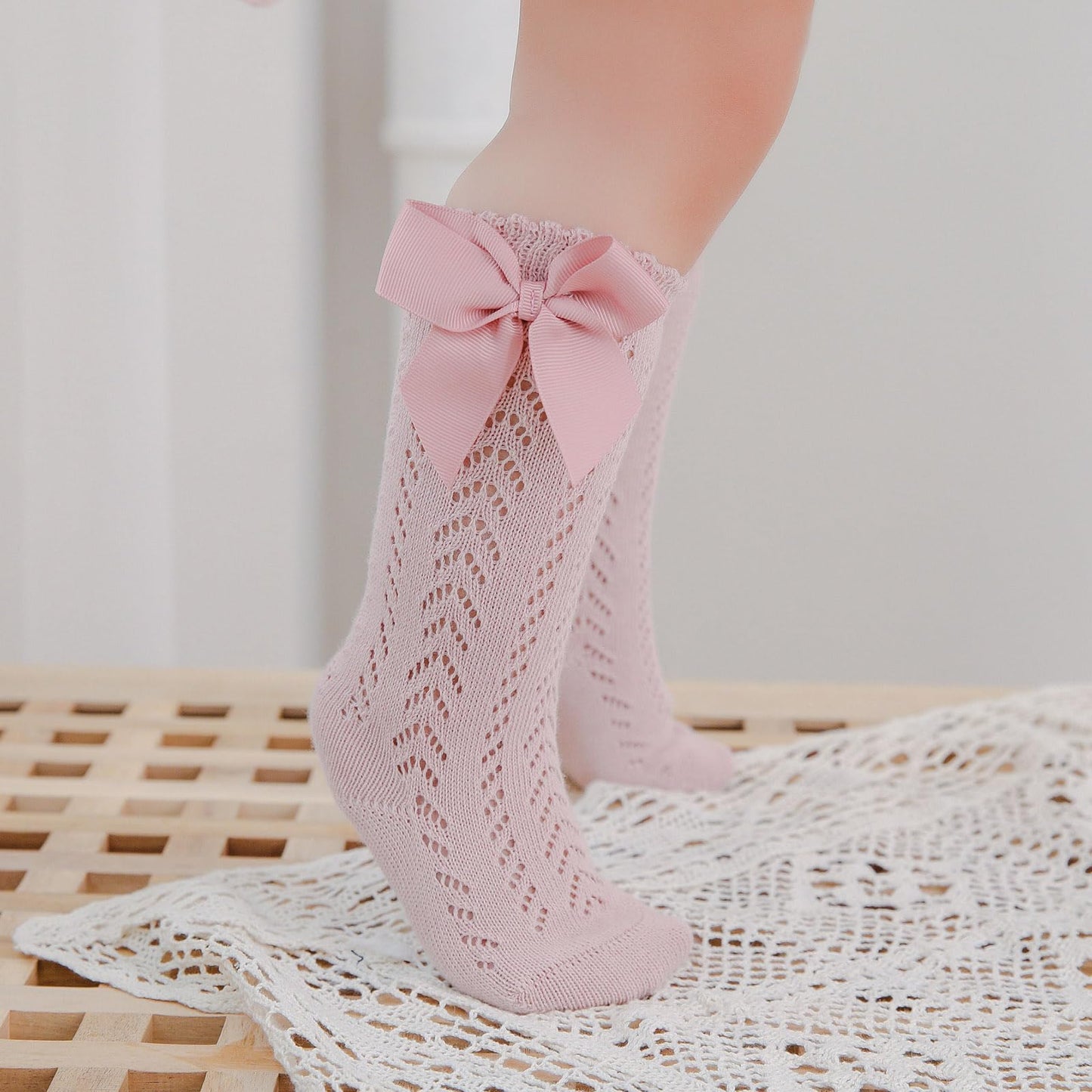 Tibe Pincess Baby Girls Knee High Socks Toddler Bow Mesh Breathable Dress Socks Kids Cotton Tube Uniform Stockings 5-Pack Lace S