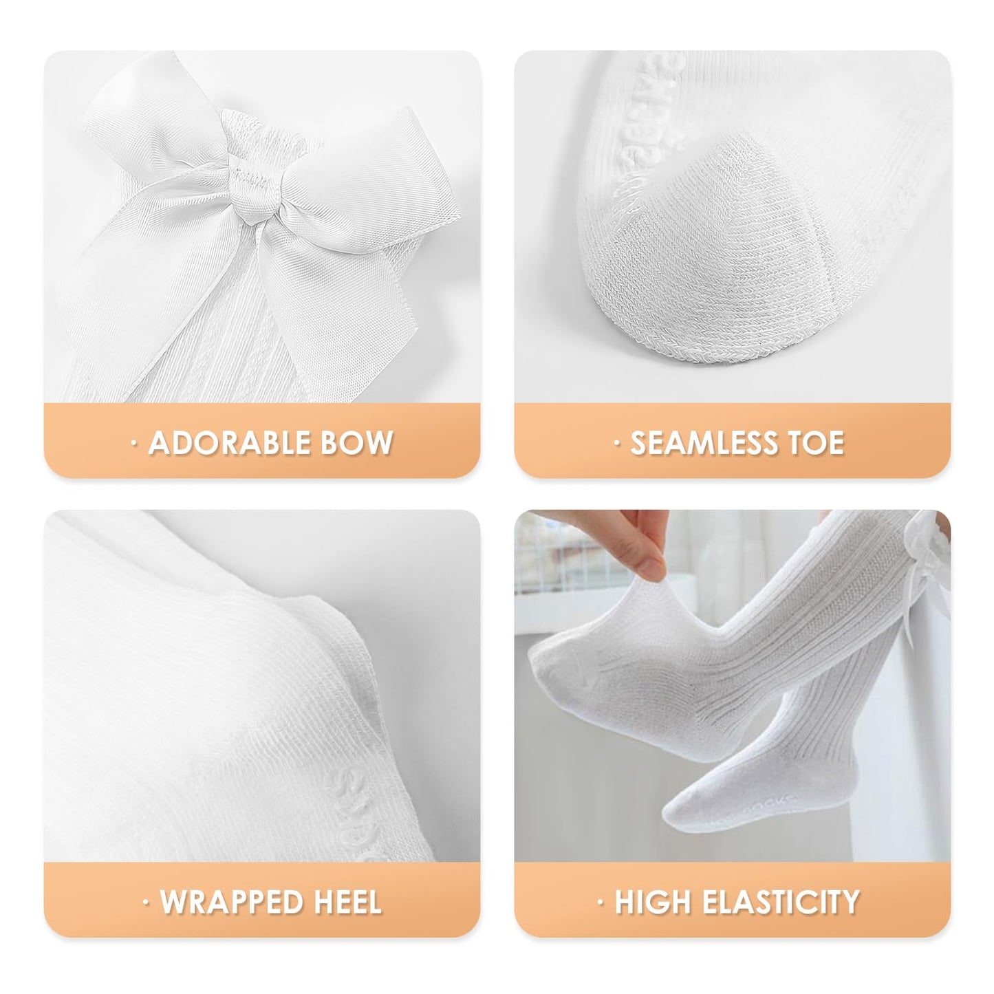 Baby Girls Knee High Socks Non Slip Toddler Stockings Cotton Bow Ruffle Newborn Long Socks Infant Tube Dress Socks 0-6/6-12M