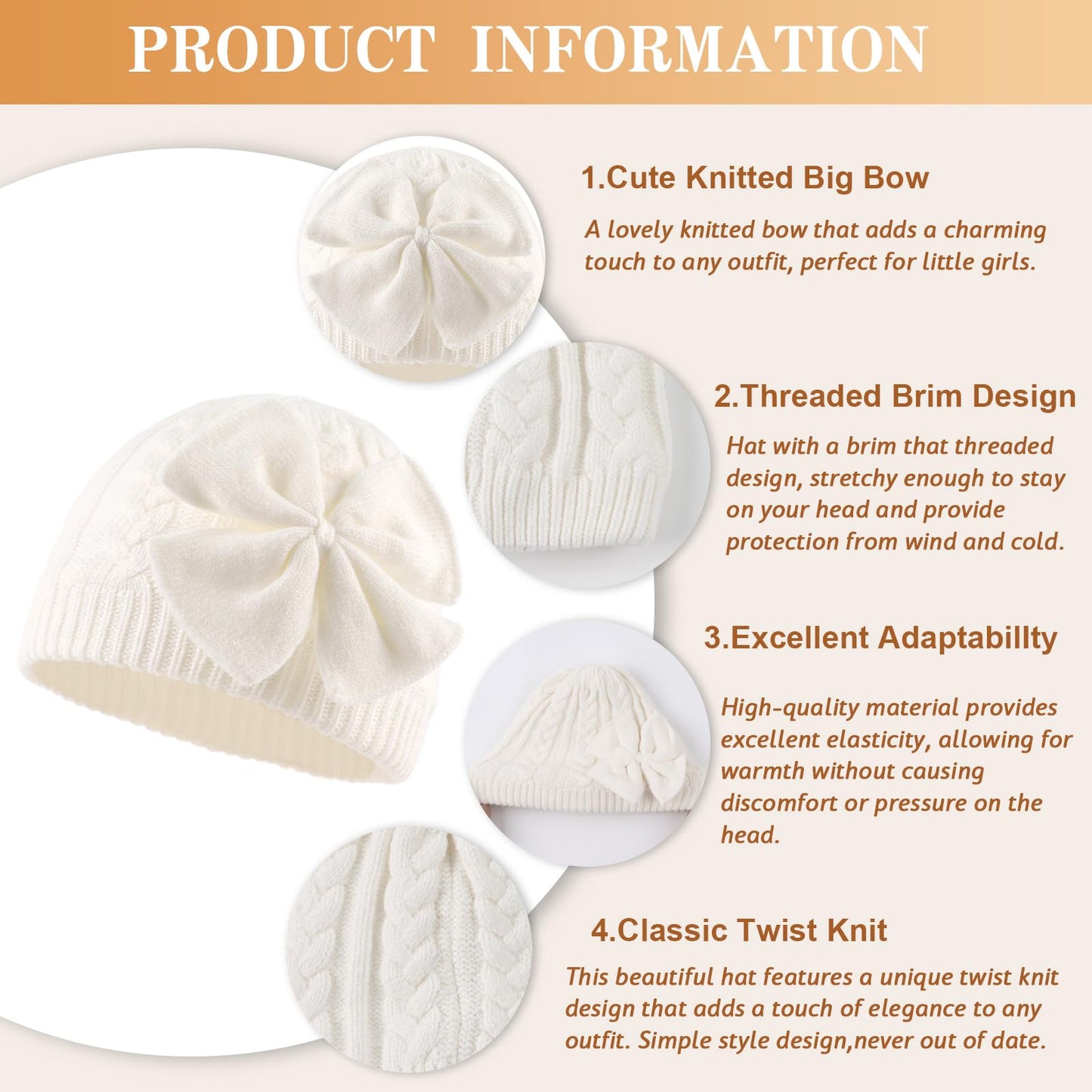 Jangannsa Winter Warm Knitted Baby Hat For Girls Cotton Lined Infant Toddler Hat Autumn Cute Bow Classic Girls Beanie 0-6Y(M,Whi