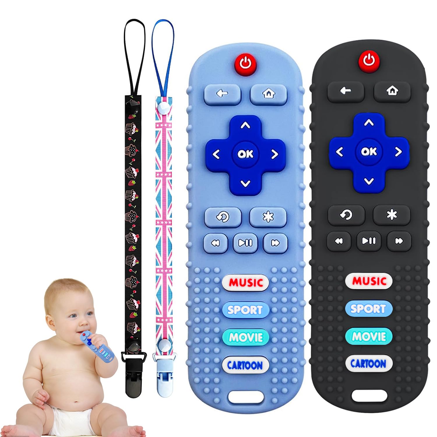 2PCS Baby Cell Phone Toy Infant Teething Sticks, Soft Silicone Baby Remote Control Shape Teethers Toys for Babies 36 Month(Black