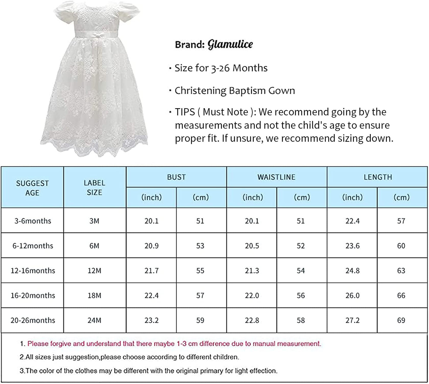 Glamulice Baby Girl Flower Christening Baptism Dress Formal Party Gown Special Occasion Dress, White, 3