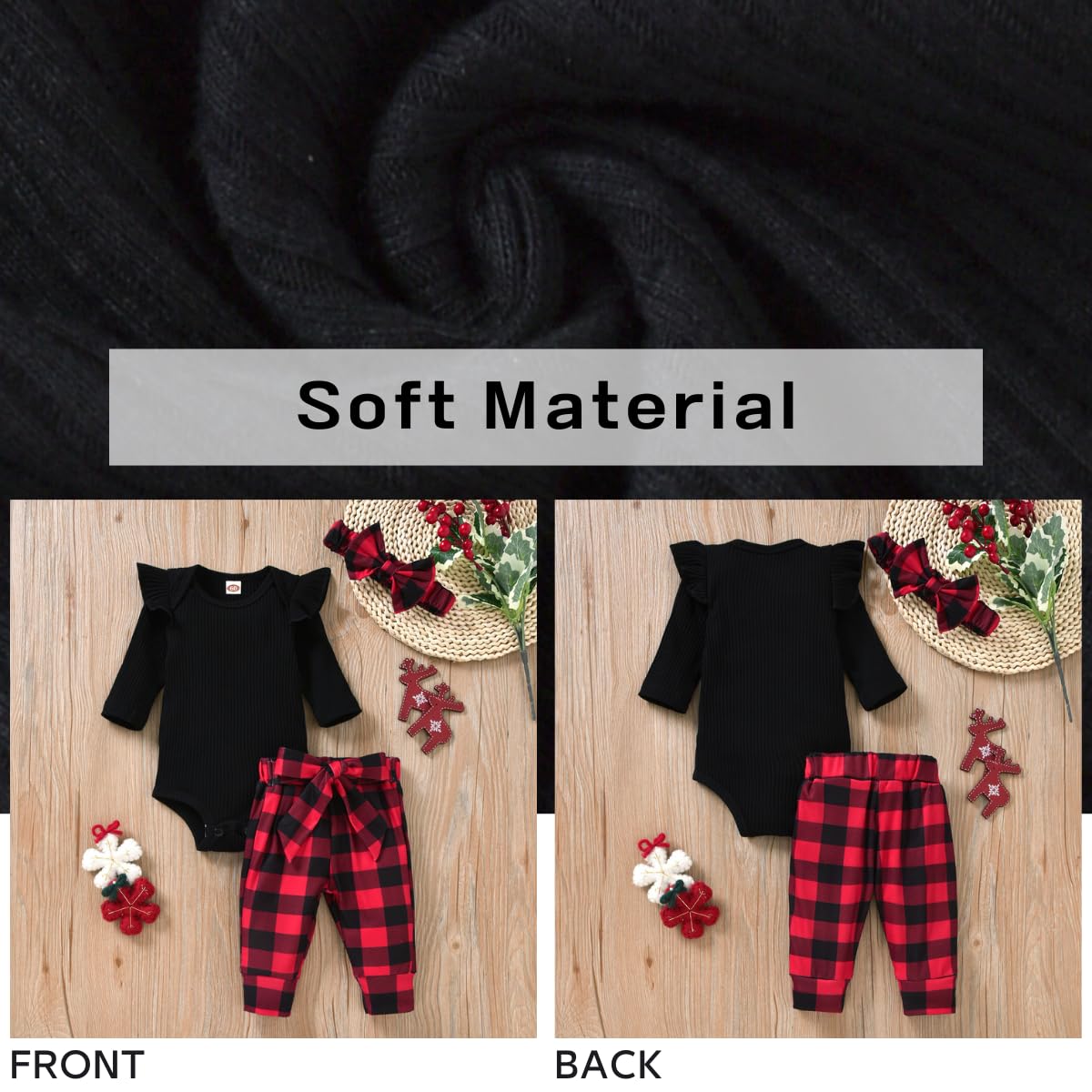 Aalizzwell Infant Baby Girls Christmas Outfits Ribbed Bodysuit Romper Buffalo Plaid Pants Set Fall Winter Xmas Clothes 3-6 Month