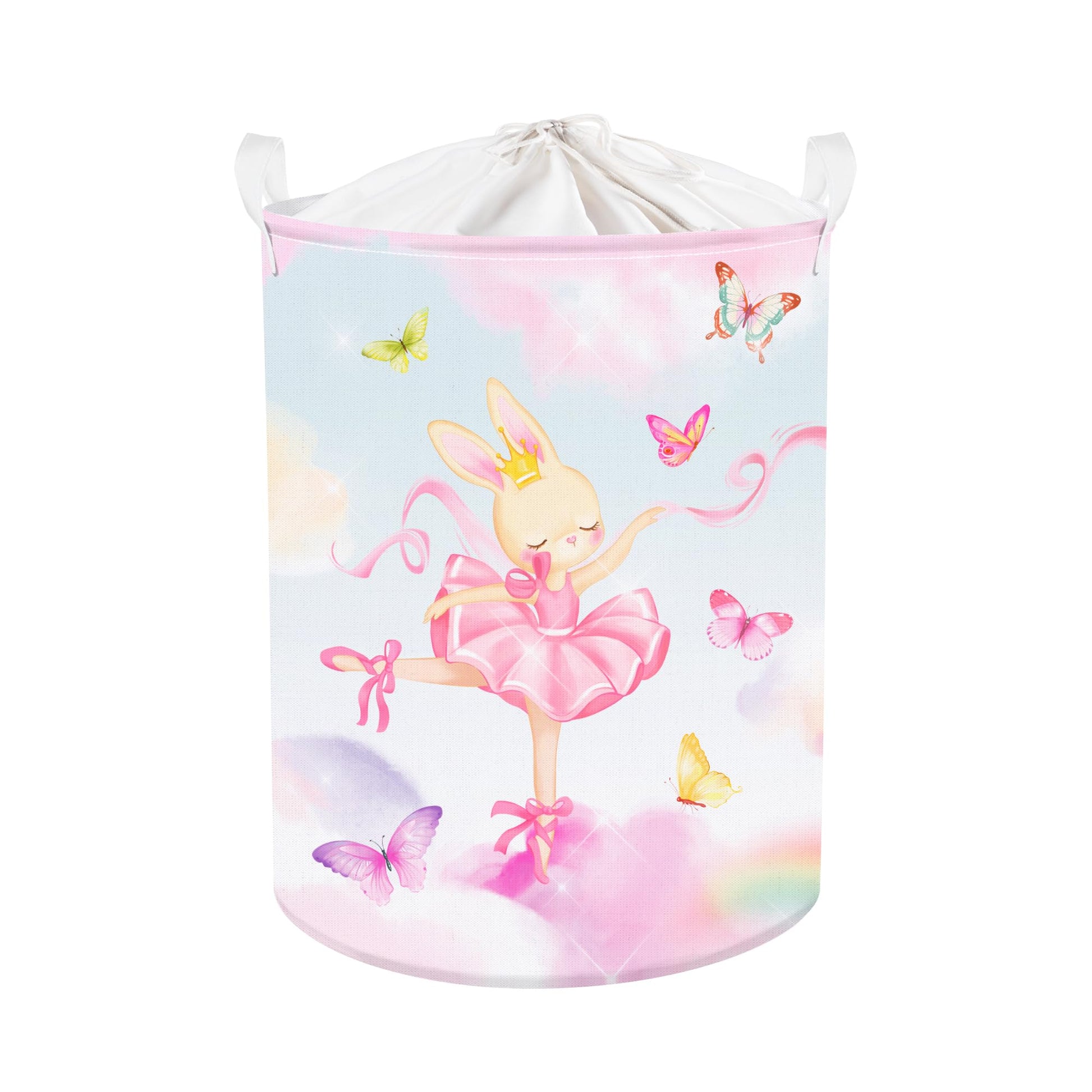 Clastyle 45L Fantasy Rabbit Ballet Dancer Collapsible Laundry Basket Pink Cloud Dancing Butterfly Dirty Clothes Hamper Round Toy