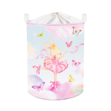 Clastyle 45L Fantasy Rabbit Ballet Dancer Collapsible Laundry Basket Pink Cloud Dancing Butterfly Dirty Clothes Hamper Round Toy