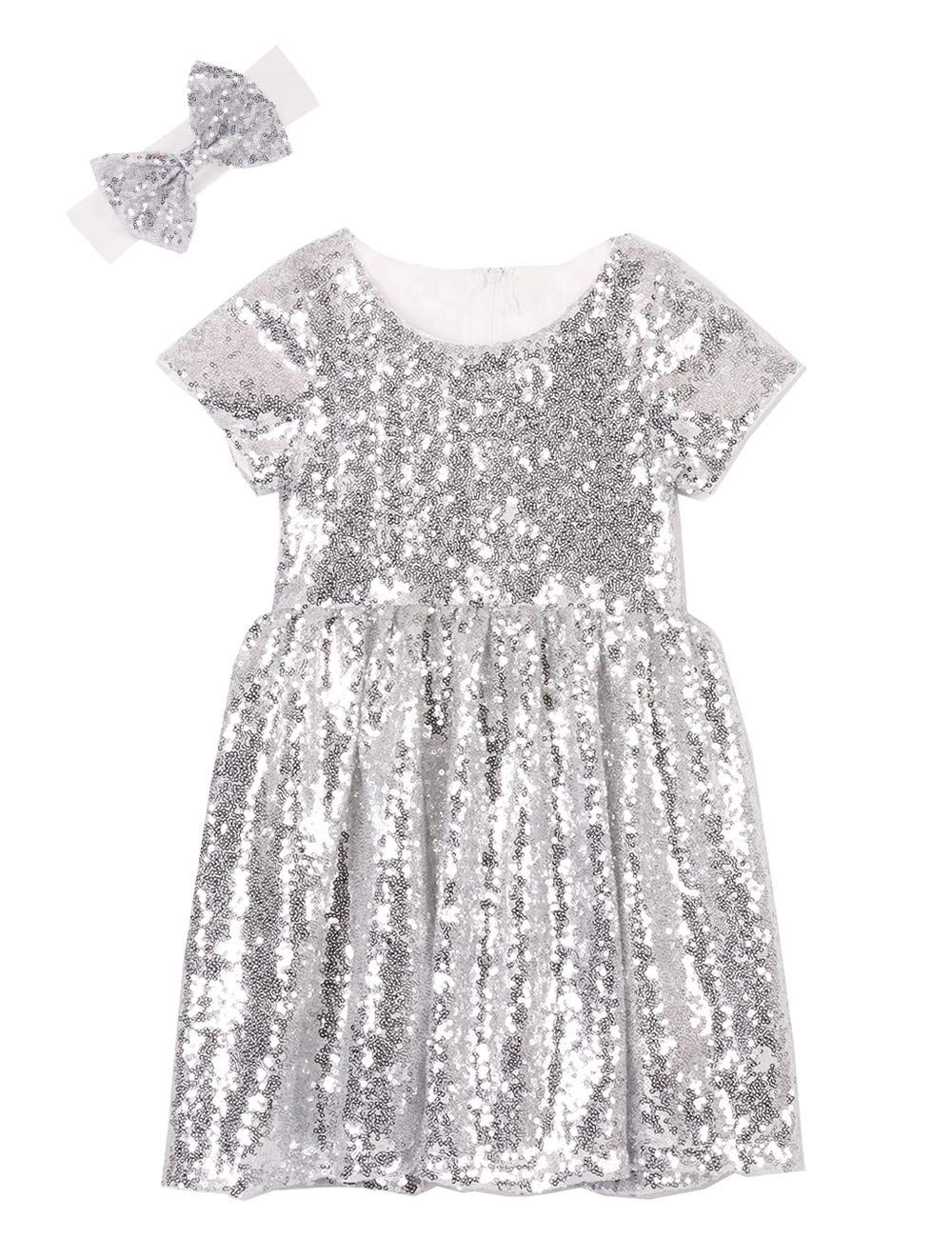 Cilucu Flower Girl Dress Baby Toddlers Sequin Dress Kids Party Dress Bridesmaid Wedding Gown Birthday Dress Silver White 6T-7T