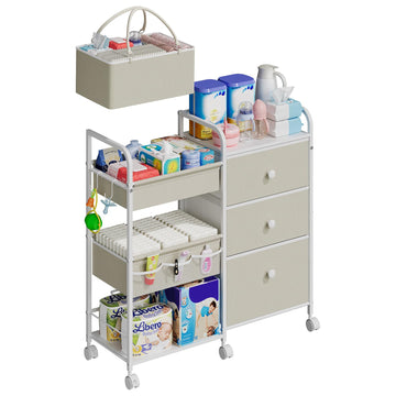 Cidaziya 2In1 Baby Diaper Caddy Organizer and Storage, 3 Tier Rolling Cart with Dividers and Drawers, Mobile Utility Cart Baby D