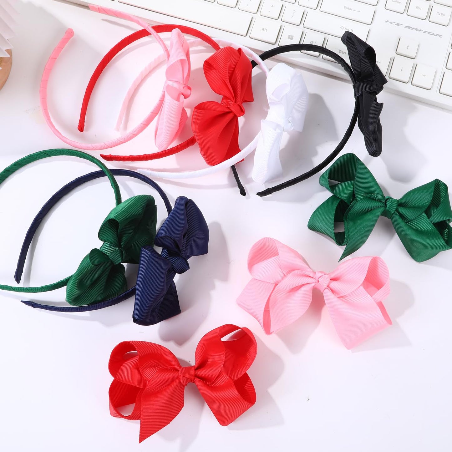 White Bow Headband & 2 Pcs 4 Inch Hair Bows Set, Back School Hair Accessories For Little Toddler School Girls (White)