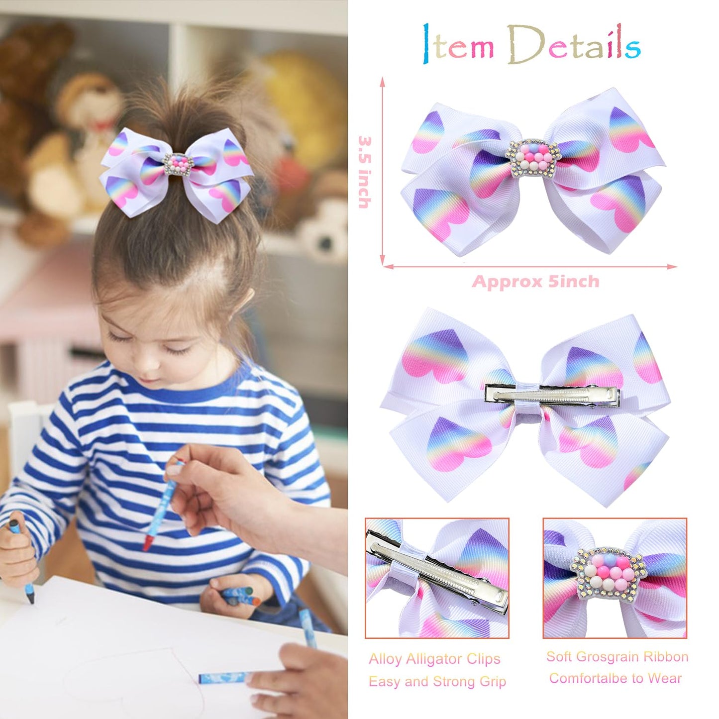 Dwenarry 5 Inch Hair Bows For Girls Colorful Rainbow Little Girls Hair Bow With Alligator Clips For Toddlers Girls Children Kids