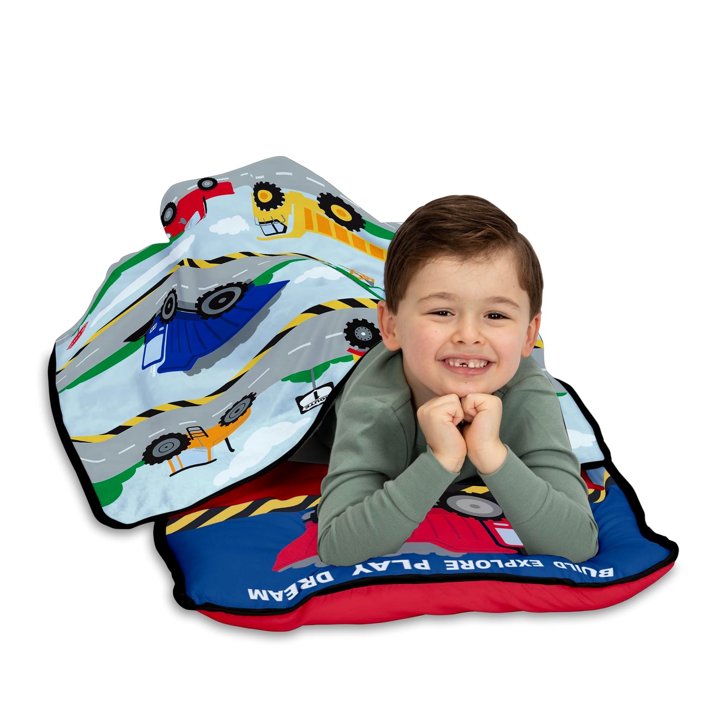 Funhouse Construction Area Trucks Kids Nap Mat Set - Includes Removable Pillow and Fleece Blanket - Great for Boys Napping Durin