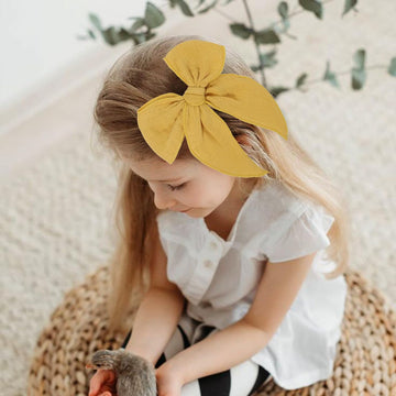 5.5 Inch Yellow Fable Hair Bow: Handmade Linen Cotton Hair Clip For Girls - 1 Pcs