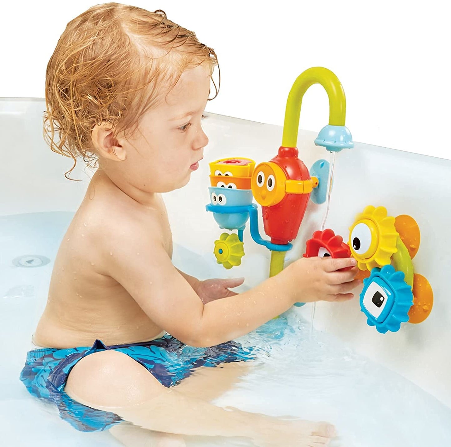 Yookidoo Bay Bath Toddler Toys (Ages 1-3) - 3 Stackable Cups, Spinning Gears, Hose & Spout for Water Play - Mold Free - Suction