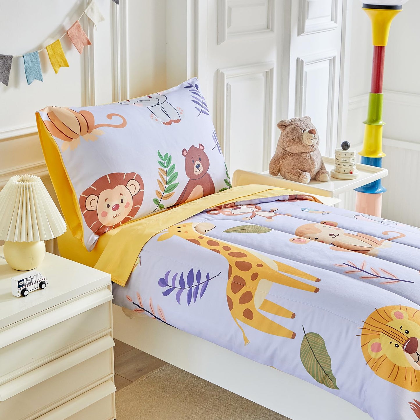 Joyreap 4 Piece Toddler Bedding Set- Cartoon Zoo Theme Animals Purple Design, Microfiber Toddler Bedding Comforter Set For Kids