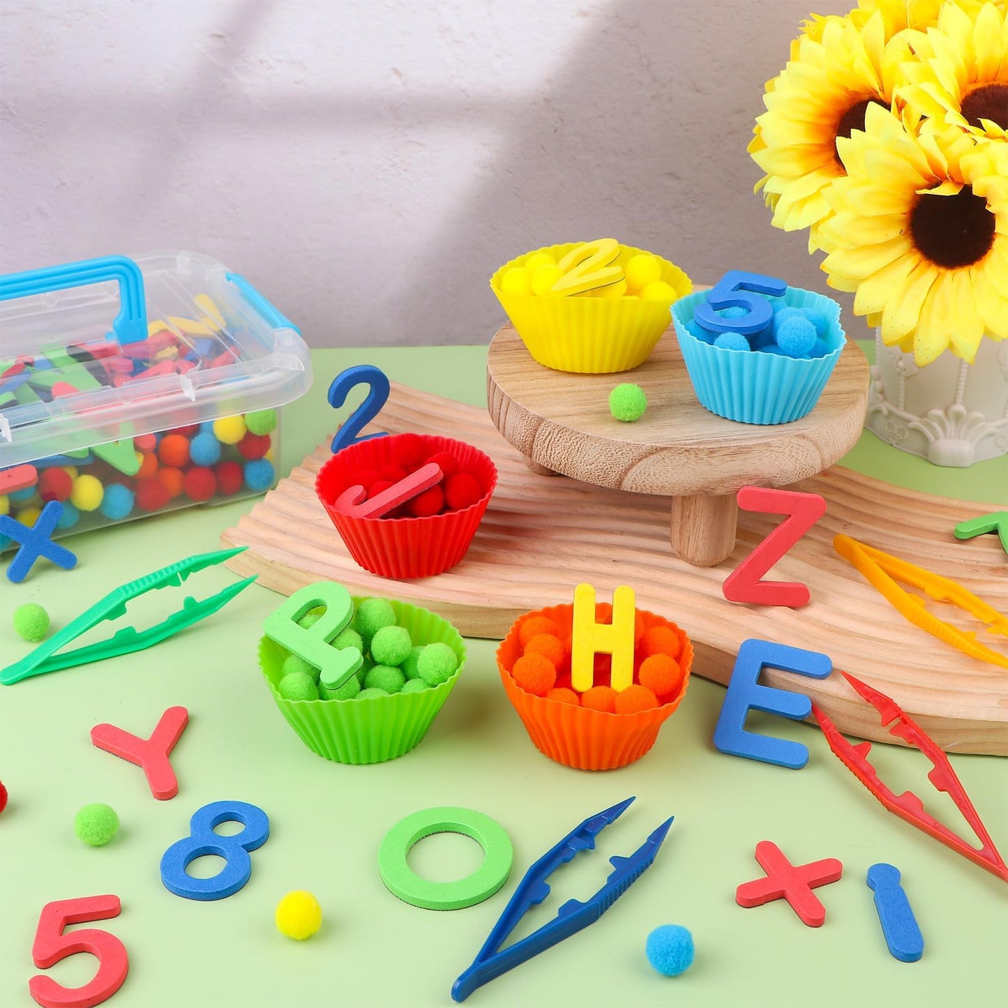 286Pcs Letters and Numbers Sensory Bin Filler Fine Motor Toys Counting Sorting 200 Felt Pompoms 76 Magnetic Letters Numbers 4 Tw