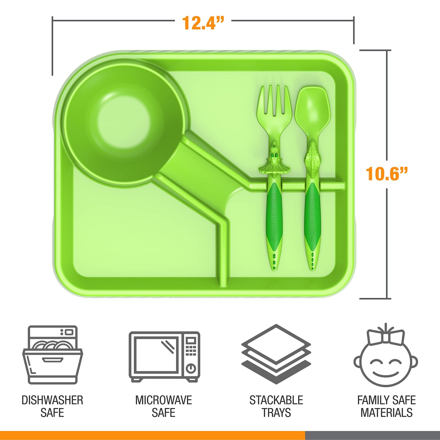 Dinneractive Dining Set For Kids - 3PC Green Dinosaur Dinnerware - Dinosaur Utensils - Toddler Plates - Baby Dishes