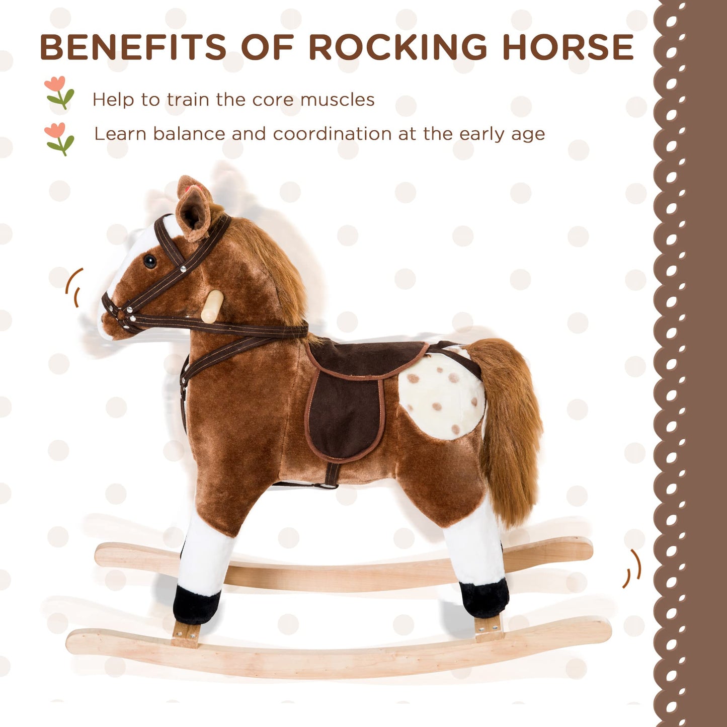 Qaba Kids Rocking Horse Plush Ride On Toy Toddler Rocker for Boys Girls Gifts with Realistic Sounds, Brown