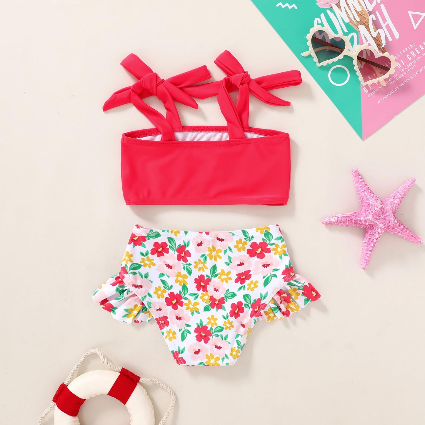Younger Tree Toddler Girls Two Pieces Swimsuit Color Block Stripe Swimwear Summer Beach Bathing Suit 18M-5T(Red#Flower 18-24 Mon
