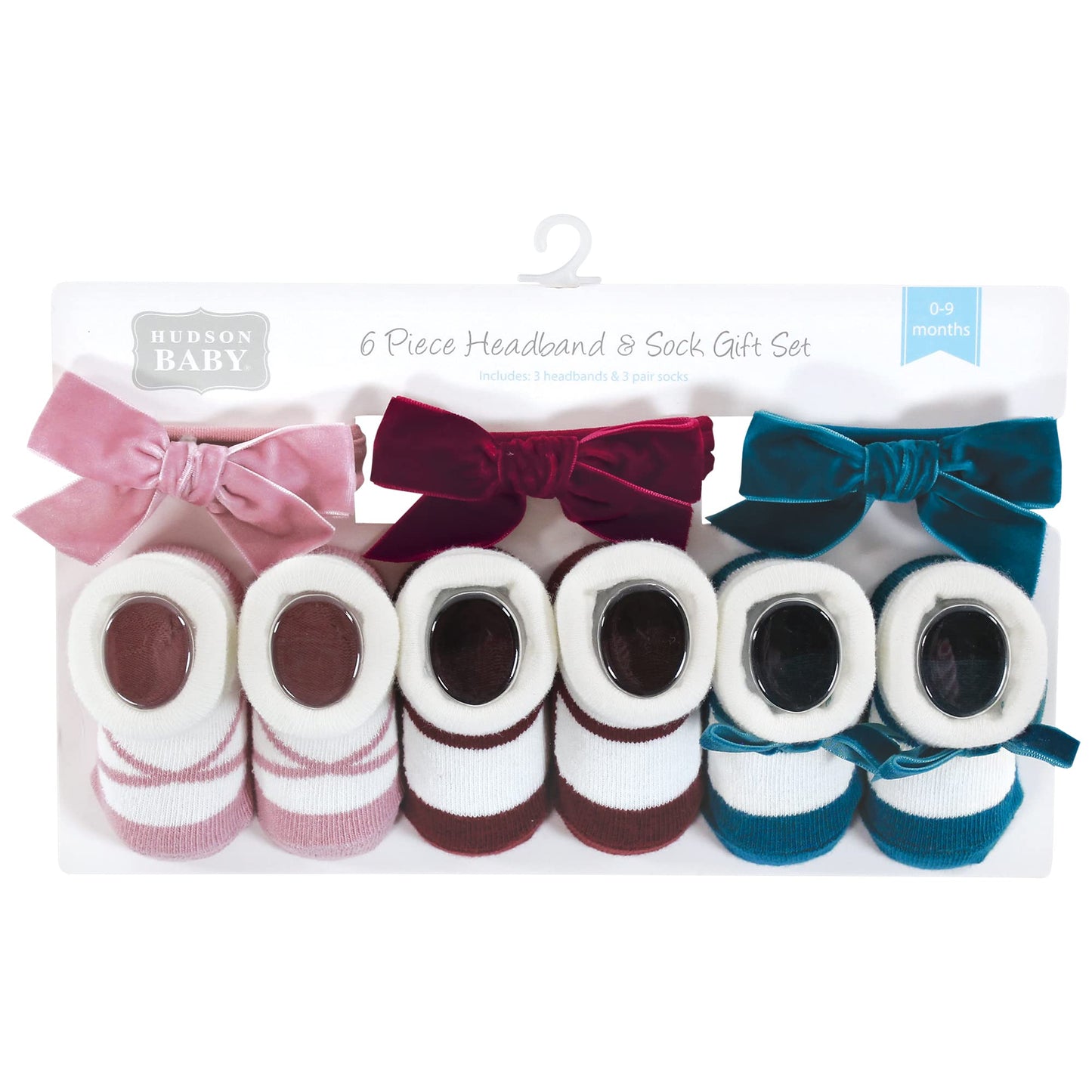 Hudson Baby Baby Girls' Headband And Socks Giftset, Burgundy Pink Teal, One Size